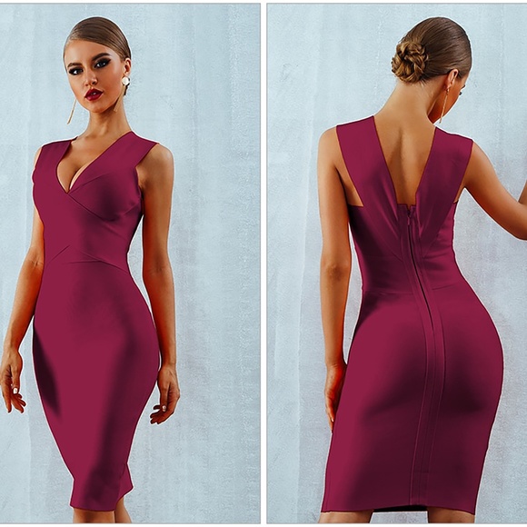 Bandage V Neck Bodycon Midi Dress Black - Picture 4 of 7